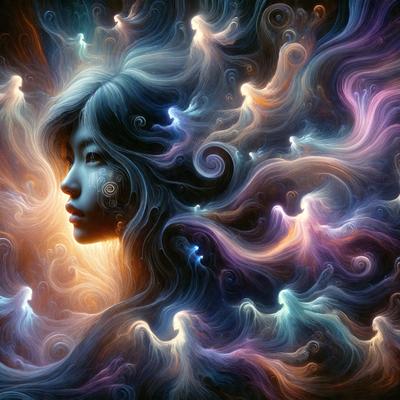 The primary subject of the image is a woman with long hair, who appears to be the main focus of the scene. She is surrounded by a vibrant and colorful background, which includes a mix of blue, purple, and orange hues. The visual style of the image is a combination of digital art and illustration, creating a unique and artistic representation of the woman. The overall atmosphere of the image is lively and captivating, with the woman's hair flowing and the colors creating a sense of movement and